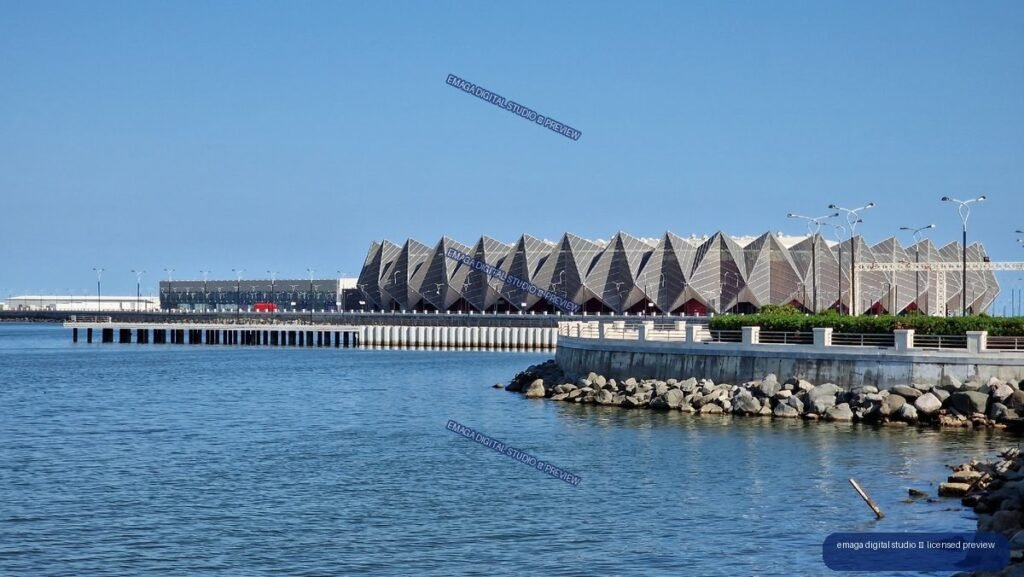 Modern Faceted Waterfront Building Beside the Sea in Baku, Azerbaijan