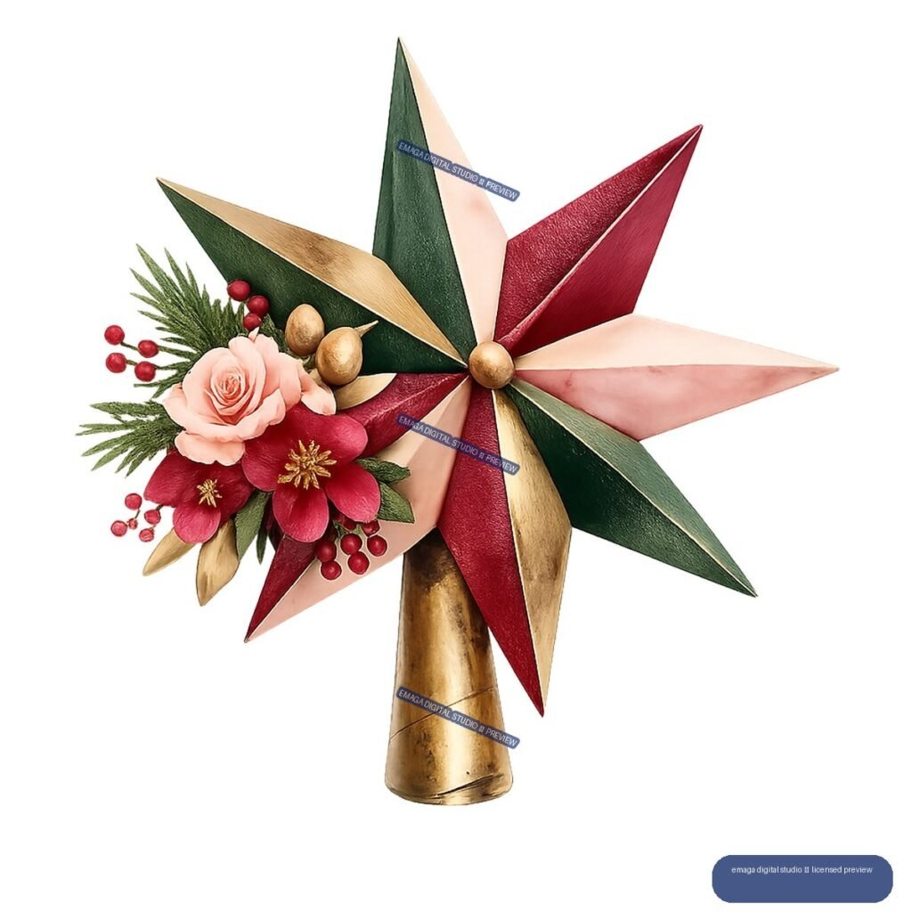 Decorative floral gift topper with a burgundy, green, pink, and gold starburst ornament, pink rose, red flowers, berries, and evergreen sprigs.