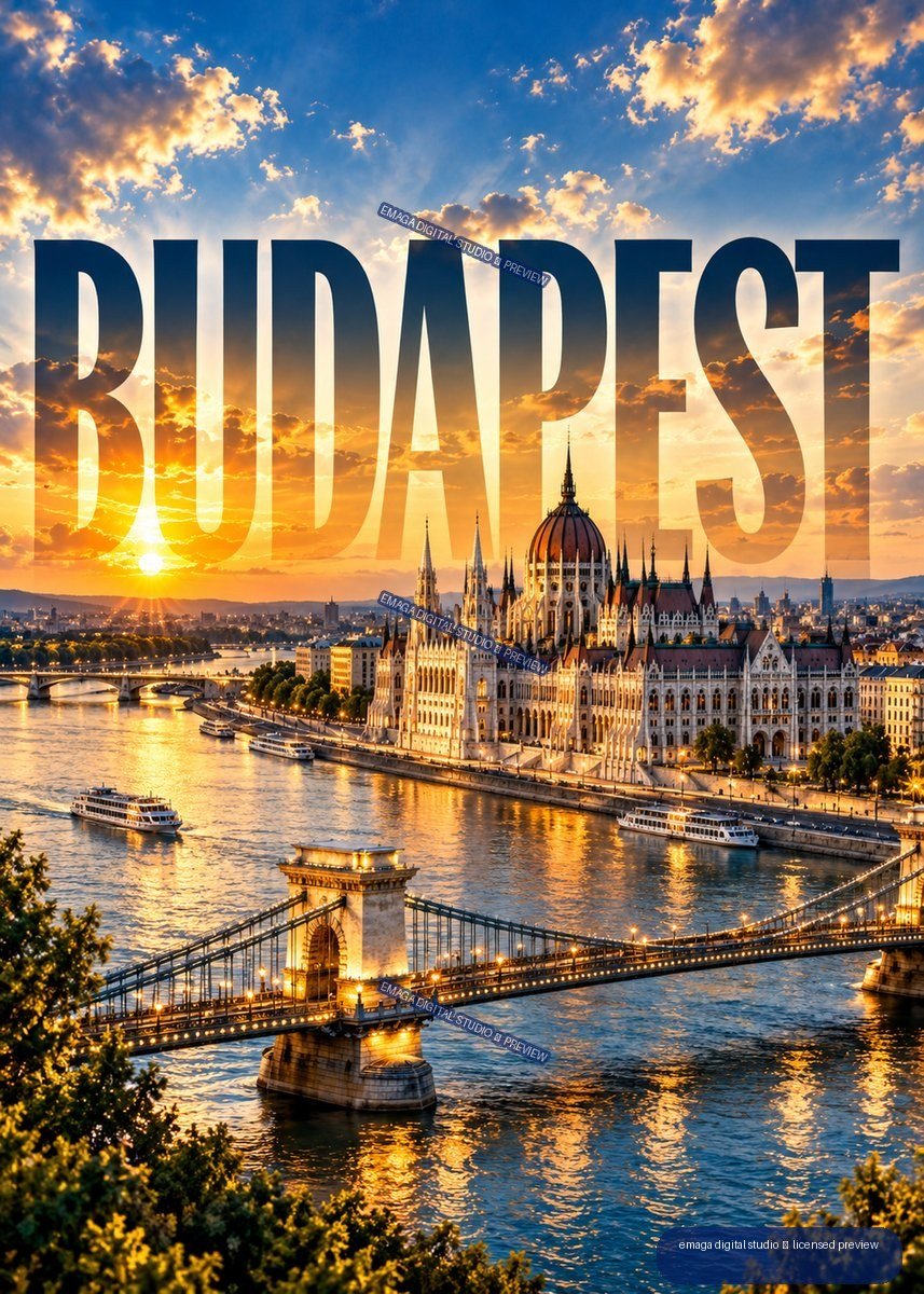 Budapest skyline at sunset with Parliament Building, Chain Bridge, riverboats, Danube reflections, and large BUDAPEST text.