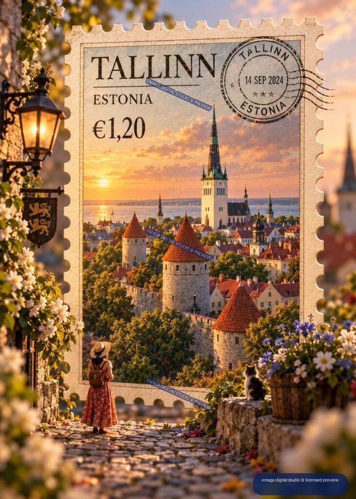Decorative Tallinn, Estonia postage stamp with €1,20 denomination and 14 Sep 2024 postmark, showing the historic city skyline at sunset within a flower-lined cobblestone scene.