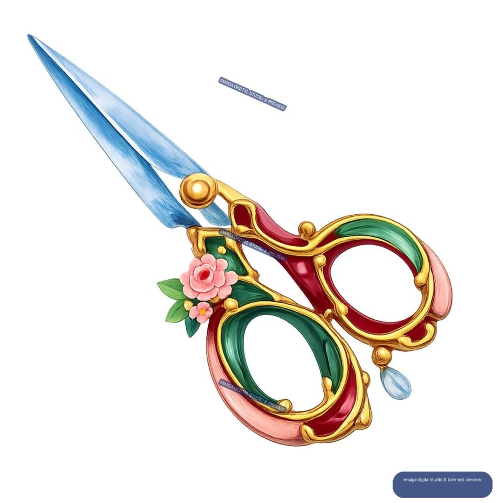 Ornate embroidery scissors with blue blades, colorful handles, pink flowers, and a dangling blue charm.
