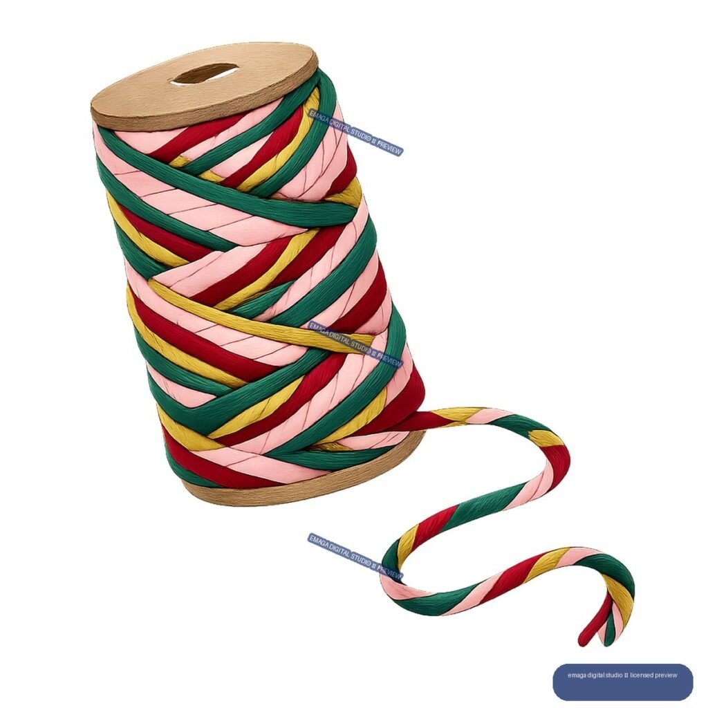 Illustration of a colorful ribbon spool with pink, red, yellow, and green ribbon unwinding in loops.