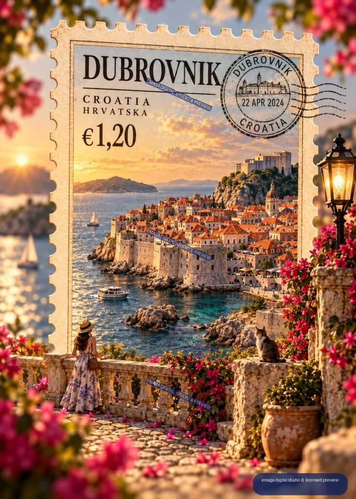 Decorative Dubrovnik postage stamp showing the walled Croatian coastal city, sea, boats, a terrace with flowers, a woman, a cat, and a lantern.