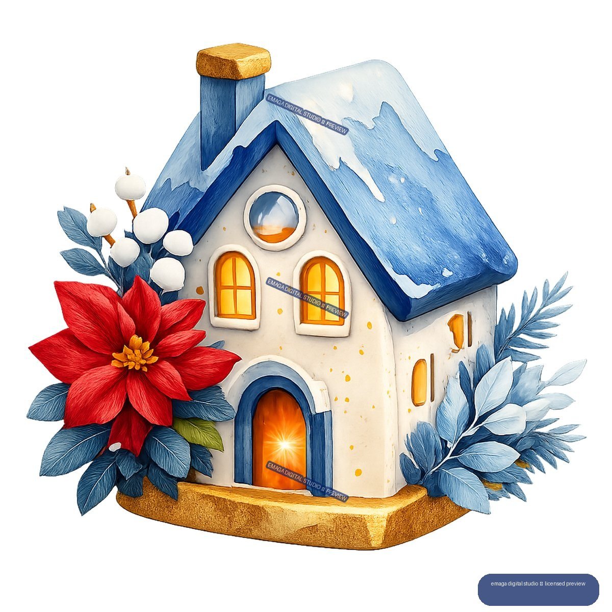 Snowy blue-roofed cottage ornament with glowing windows, red poinsettia, white berries, and blue foliage on a gold base.