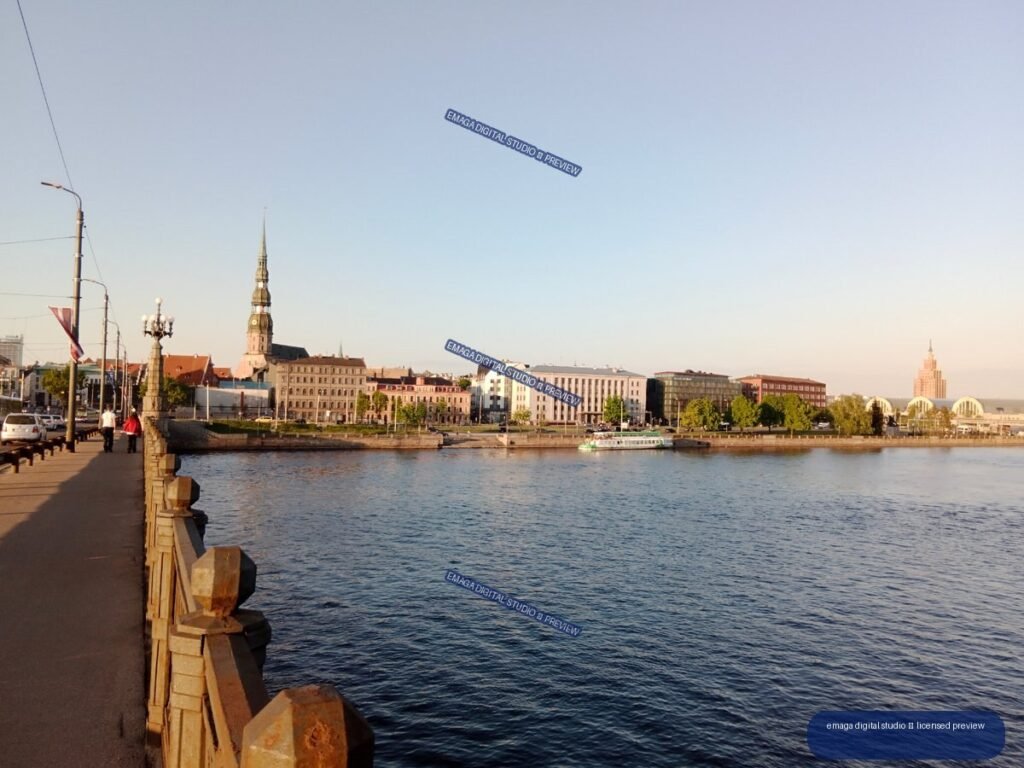 Riga, Latvia Waterfront Skyline and Riverside Promenade