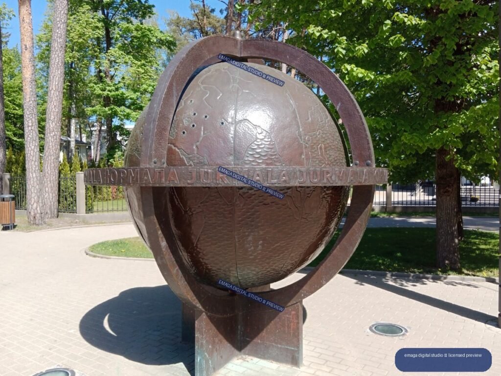 Metal globe sculpture in a tree-lined park in Jurmala, Latvia
