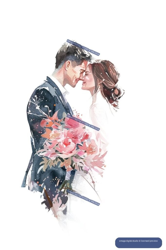 Watercolor illustration of a bride and groom kissing while holding a large bouquet of pink and coral flowers.