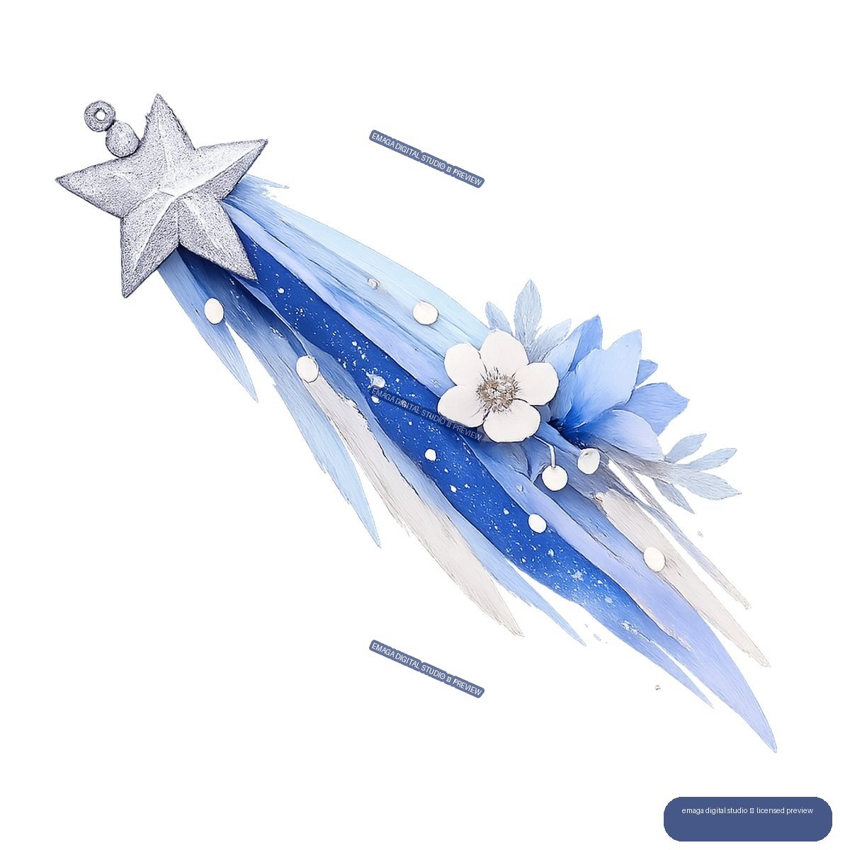 Blue and white starburst with flowers and trailing comet-like rays, isolated.