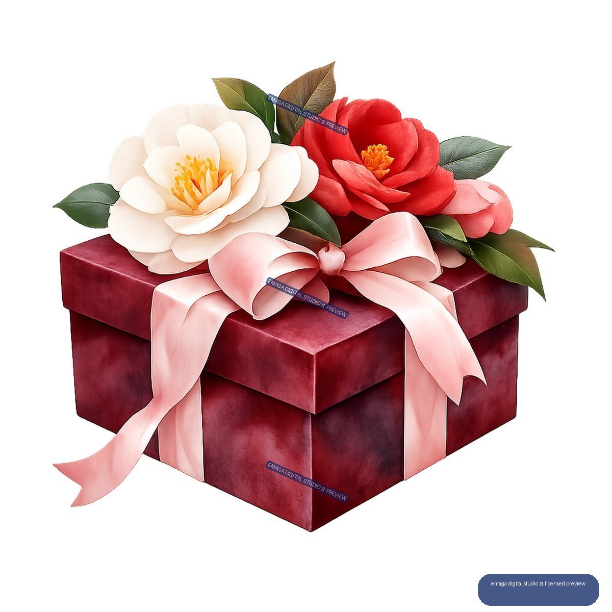 Burgundy gift box with a large pink bow, red and white flowers, and green leaves.