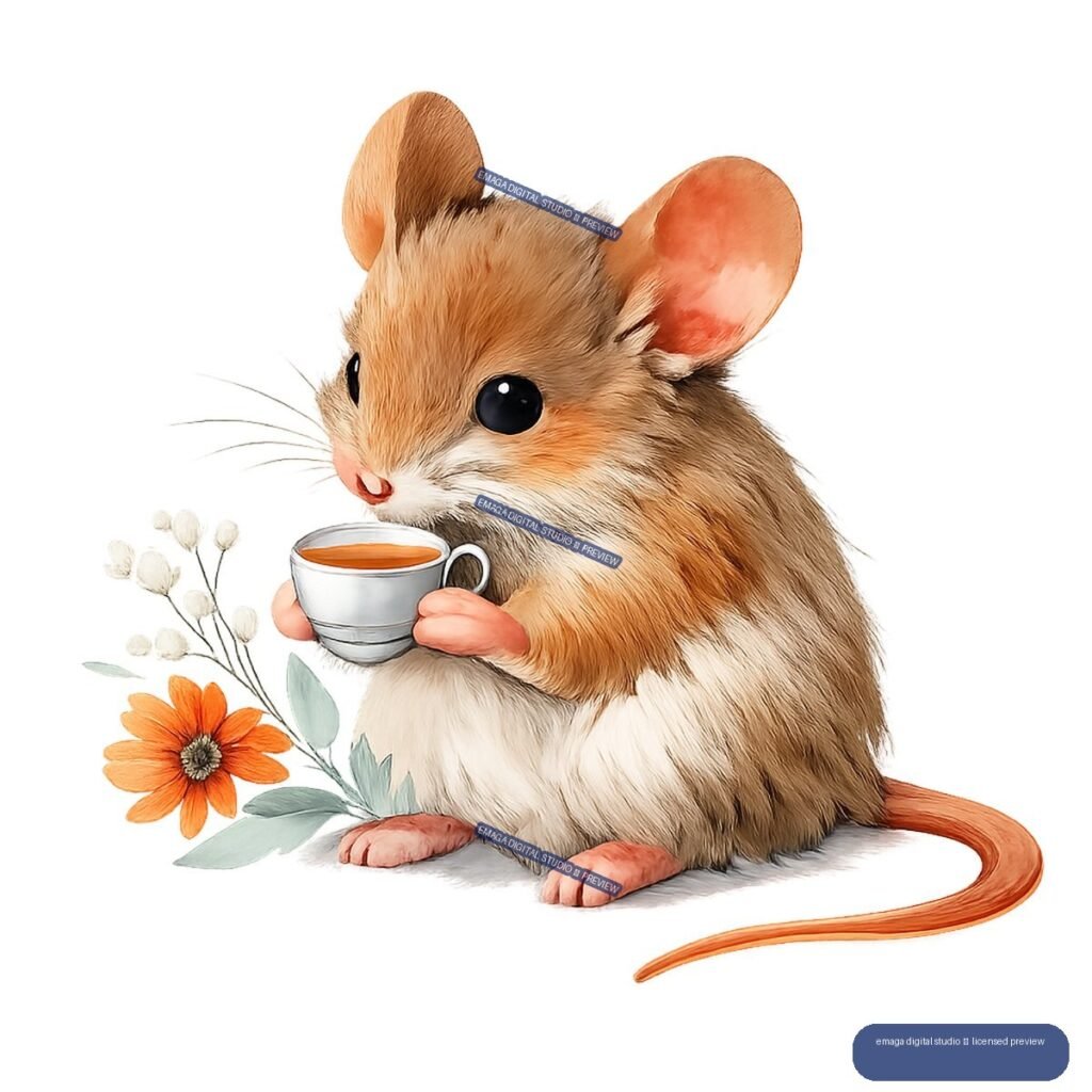 Brown-and-white mouse holding a teacup beside an orange flower and pale blossoms.