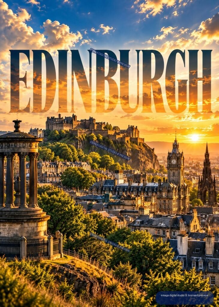 Vertical artwork of Edinburgh at sunset, showing Edinburgh Castle, historic rooftops, Scott Monument, dramatic clouds, and large EDINBURGH lettering across the sky.