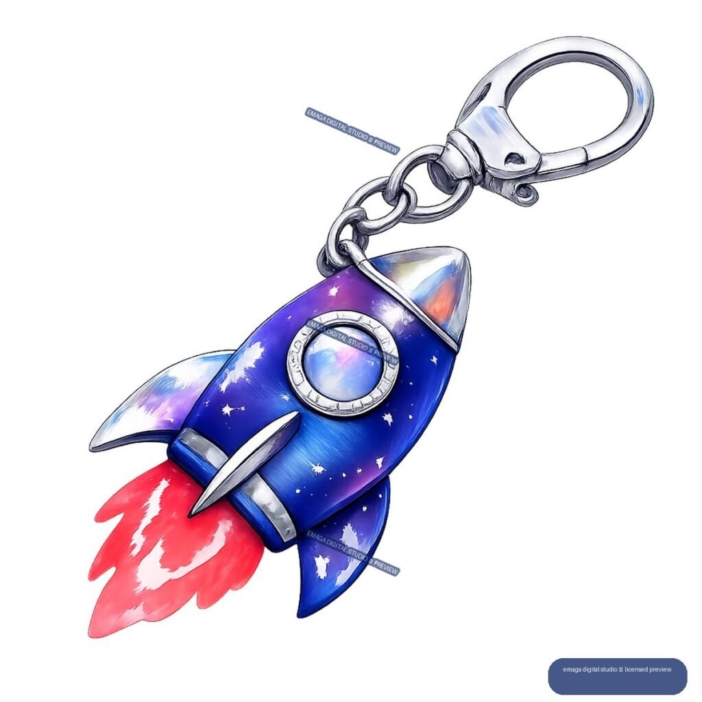 Illustration of a blue star-covered rocket ship attached to a silver keychain clasp, with a red flame.