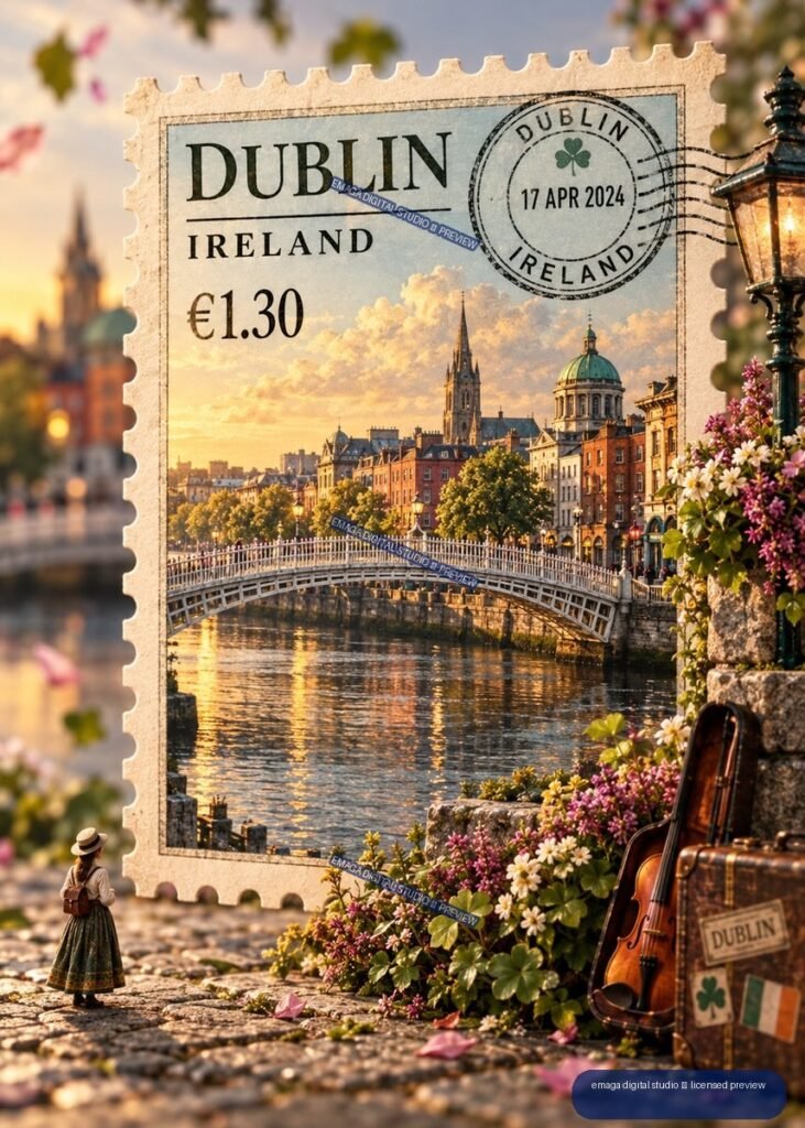 Decorative Dublin postage stamp showing a riverside cityscape, bridge, flowers, street lamp, violin case, and traveler figure.