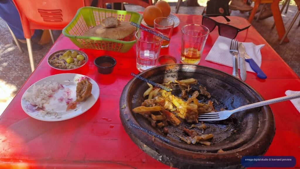 Outdoor meal served at Ouzoud Waterfalls, Morocco