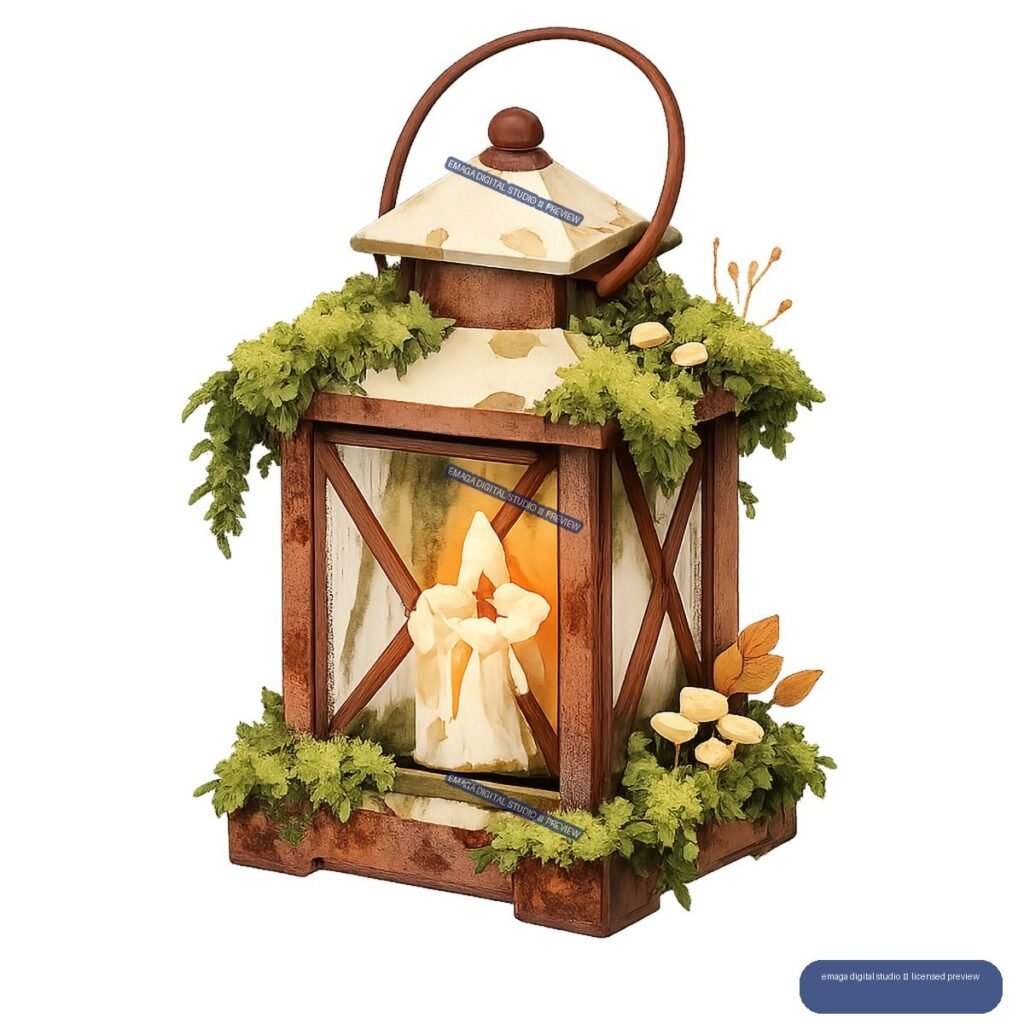 Rustic wooden lantern with a glowing candle, moss, evergreen foliage, mushrooms, and a curved handle.