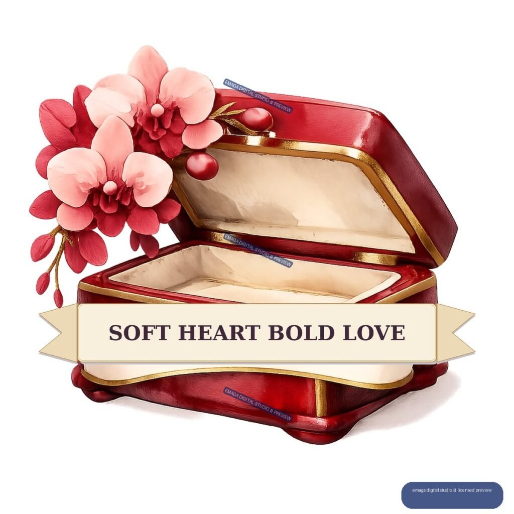 Open red and gold keepsake box decorated with pink flowers and red berries, with a cream banner reading “SOFT HEART BOLD LOVE.”