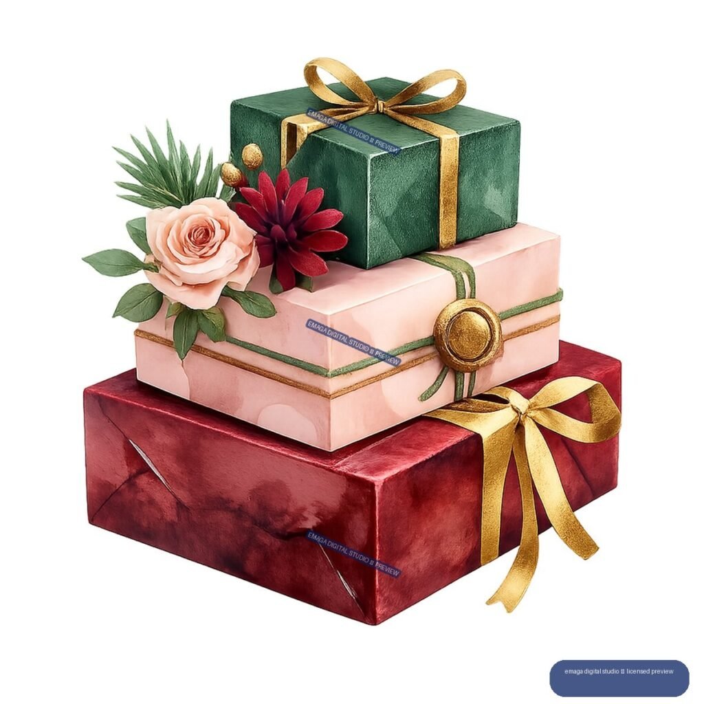 Three stacked gift boxes in red, pink, and green with gold ribbons, bows, and flowers.