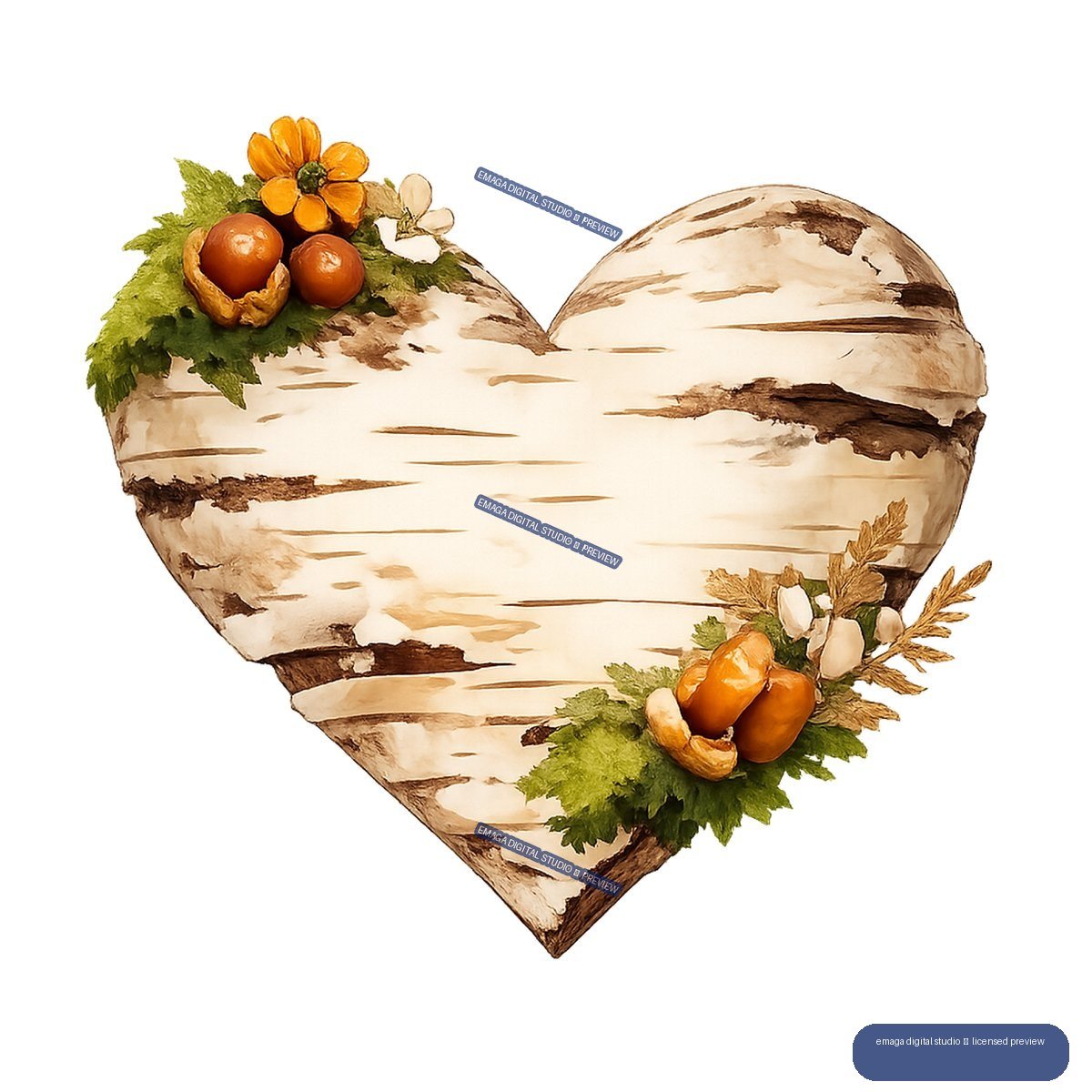 Heart-shaped birch bark form decorated with orange flowers, berries, green leaves, pale blossoms, and dried golden sprigs.