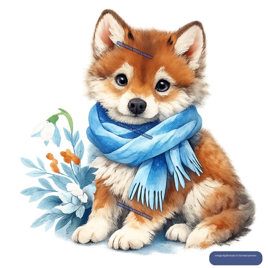 Watercolor-style red fox kit wearing a blue scarf beside pale blue winter foliage, white flowers, and orange berries.