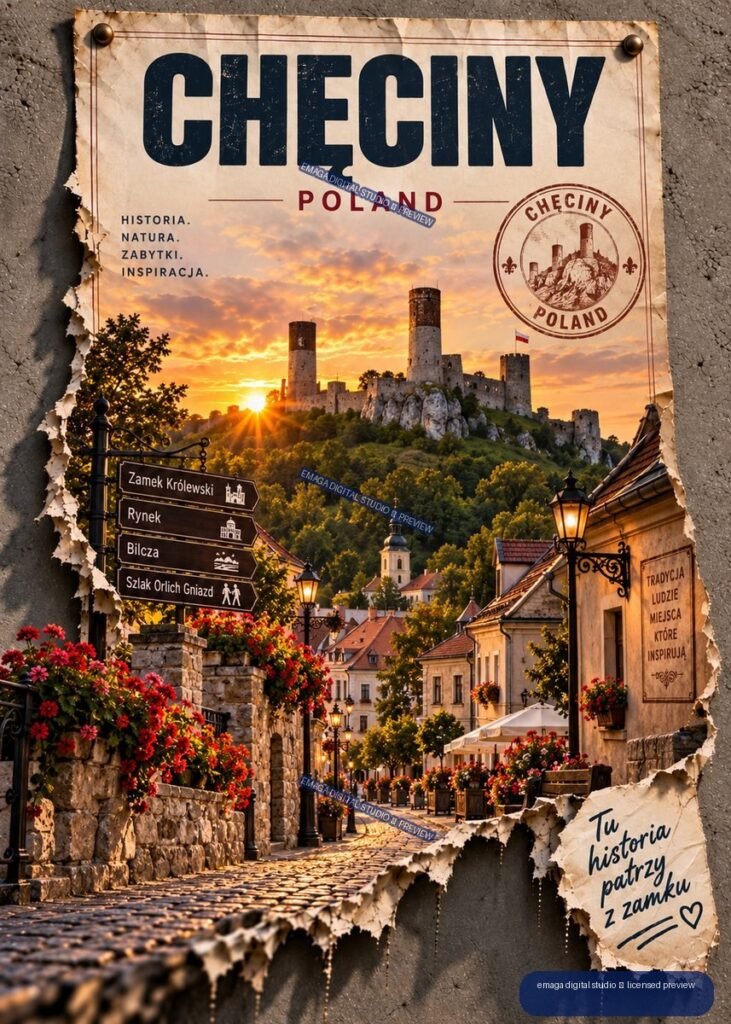 Vintage-style travel poster for Chęciny, Poland, showing a hilltop castle above a flower-filled historic street at sunset.