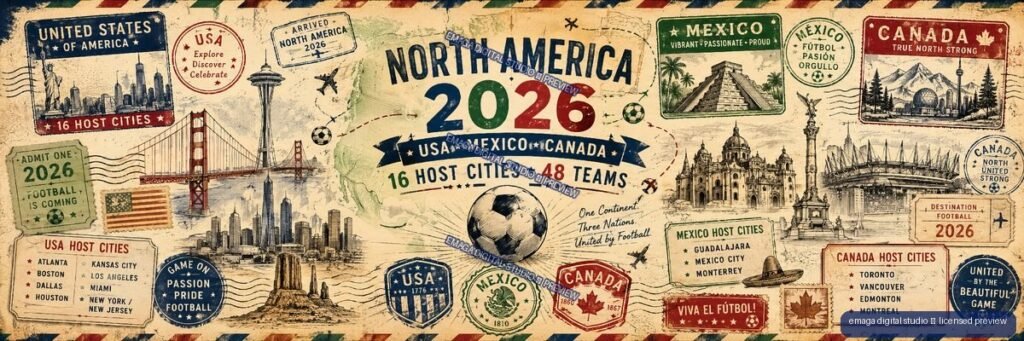 Wide retro soccer poster for North America 2026 showing a central soccer ball, maps, landmarks, host-country emblems, travel stamps, and city lists.