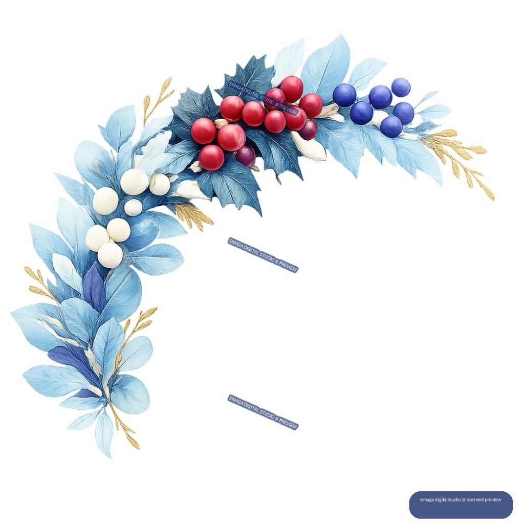 Curved winter botanical wreath with blue leaves, red, blue, and cream berries, and golden sprigs on a transparent background.