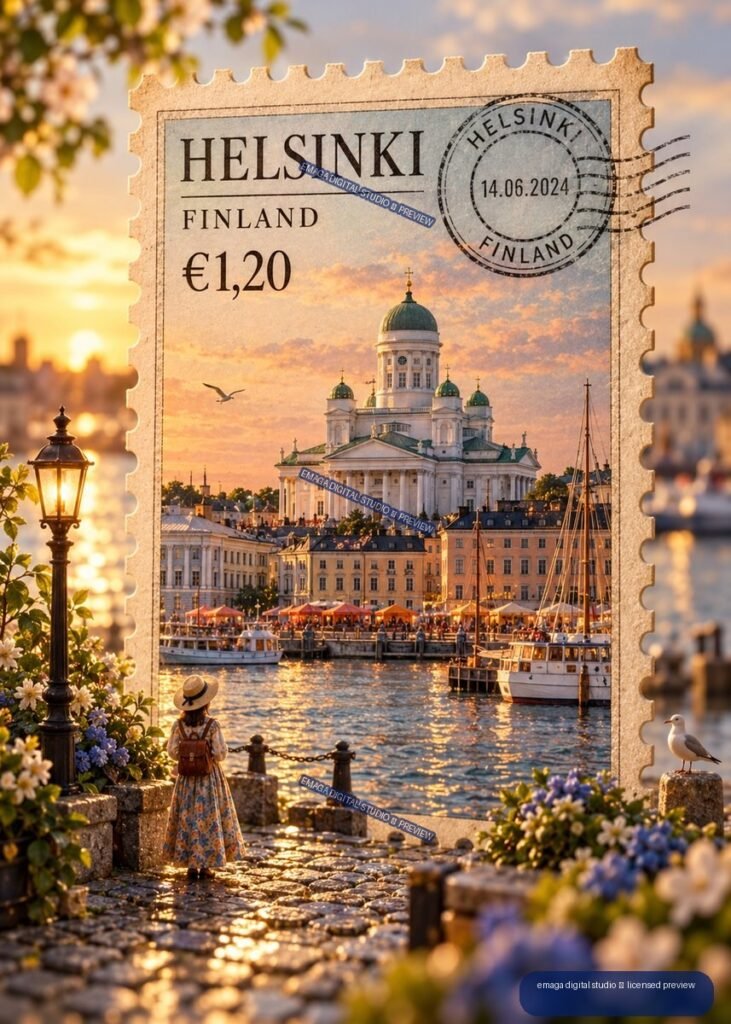 Decorative Helsinki postage stamp showing Helsinki Cathedral, harbor boats, sunset, a cobblestone promenade, flowers, a woman, and a seagull.