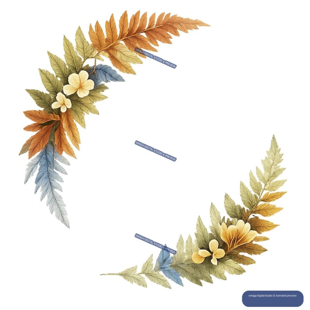 Curved watercolor garland of fern leaves and cream flowers along the upper-left and lower-right edges, leaving a large open center.