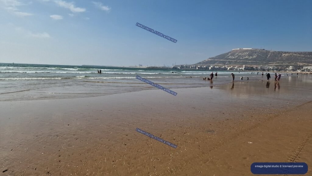 Beach shoreline and ocean waves in Agadir, Morocco
