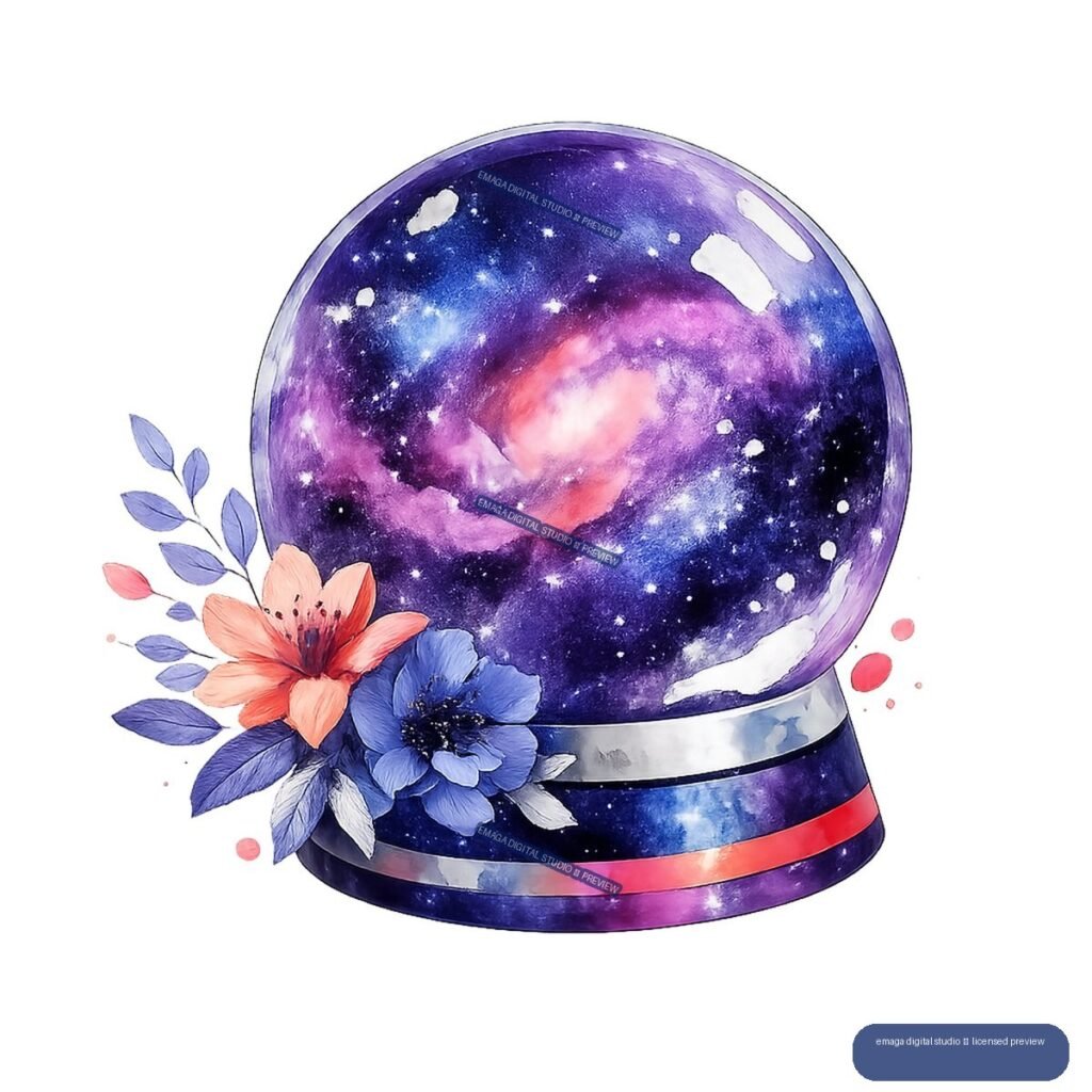 Purple galaxy orb on a banded base with coral and blue flowers and leaves.