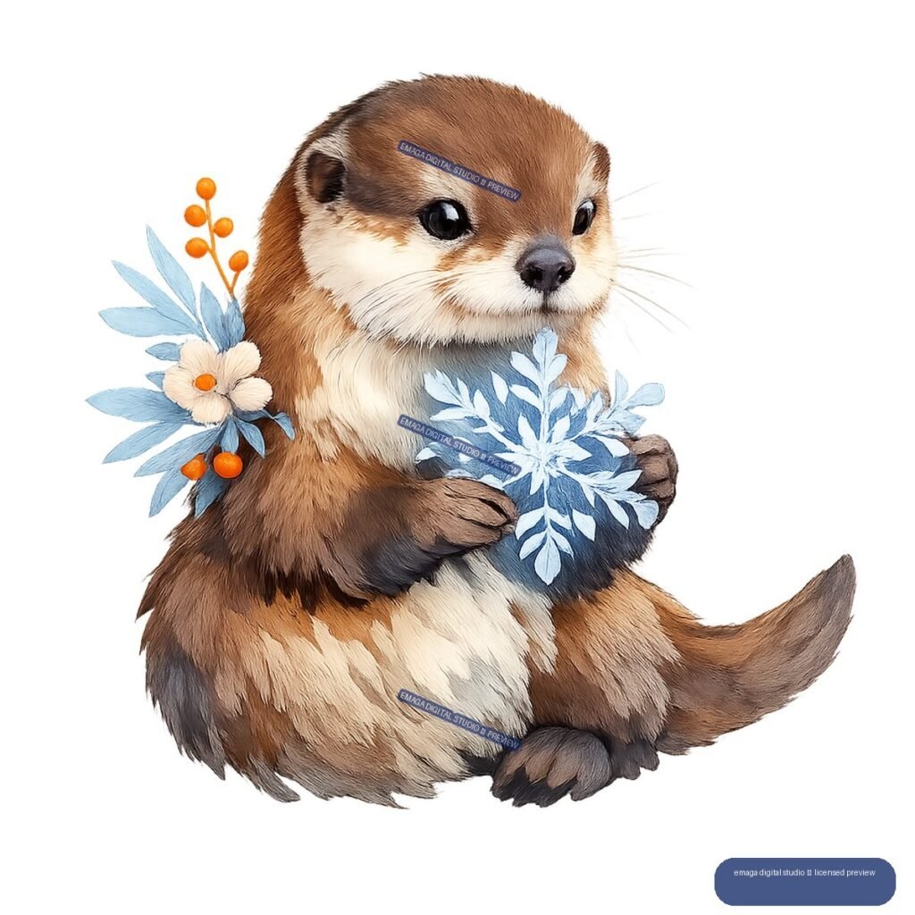 Brown otter holding a large blue snowflake, surrounded by pale blue leaves, cream flowers, and orange berries.