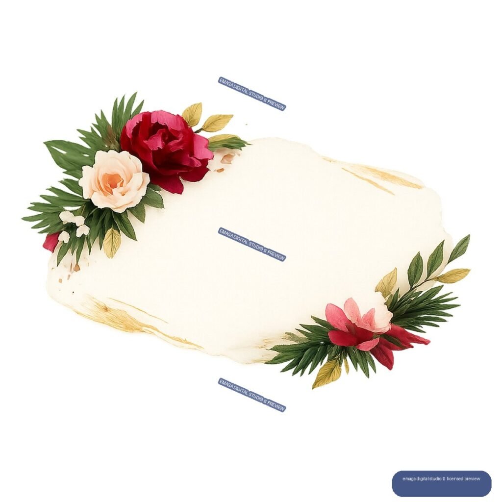 Watercolor floral frame with red, peach, and pink flowers around a blank cream tag shape.