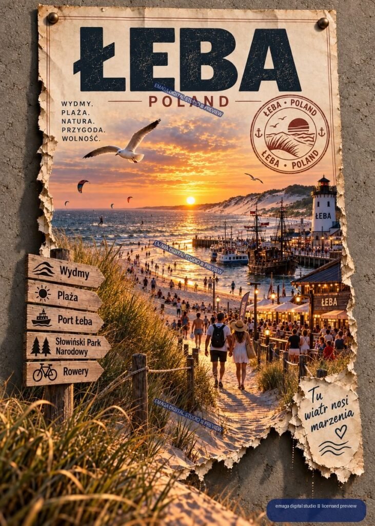 Vintage-style Łeba Poland travel poster showing a sunset beach, lighthouse, boats, dunes, seabirds, and directional signs.