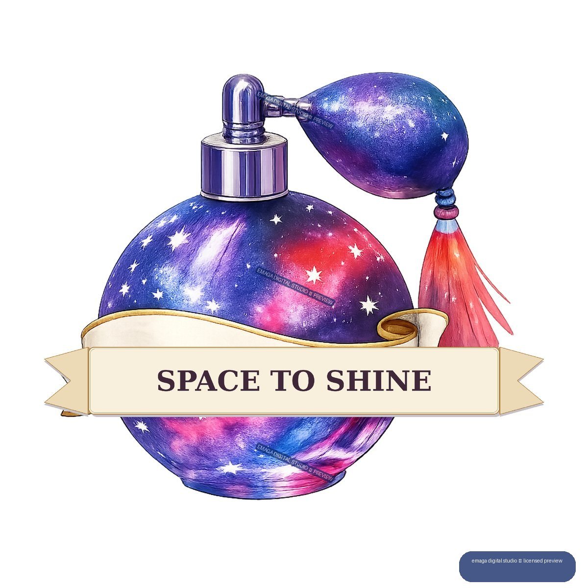 Galaxy-themed purple perfume atomizer with stars, pink tassel, and a cream banner reading Space to Shine.