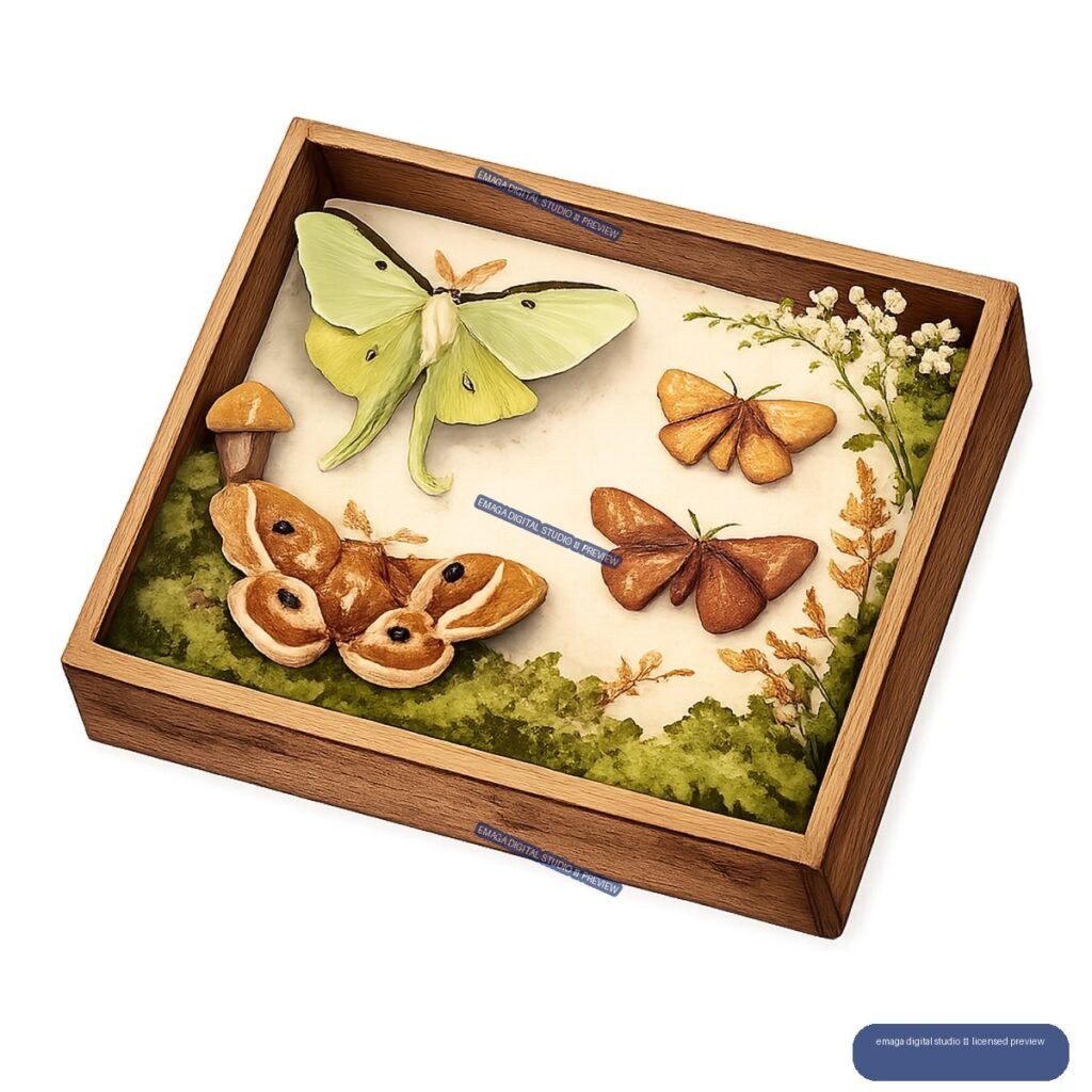 Angled wooden shadow box containing three moths, a mushroom, moss, dried grasses, and white flowers.