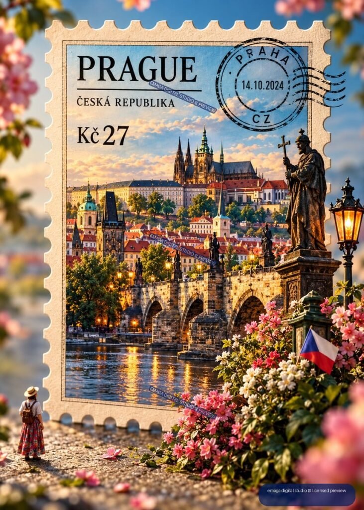 Decorative Prague postage stamp with Charles Bridge, historic skyline, Czech flag, flowers, and a Praha postmark dated 14.10.2024.
