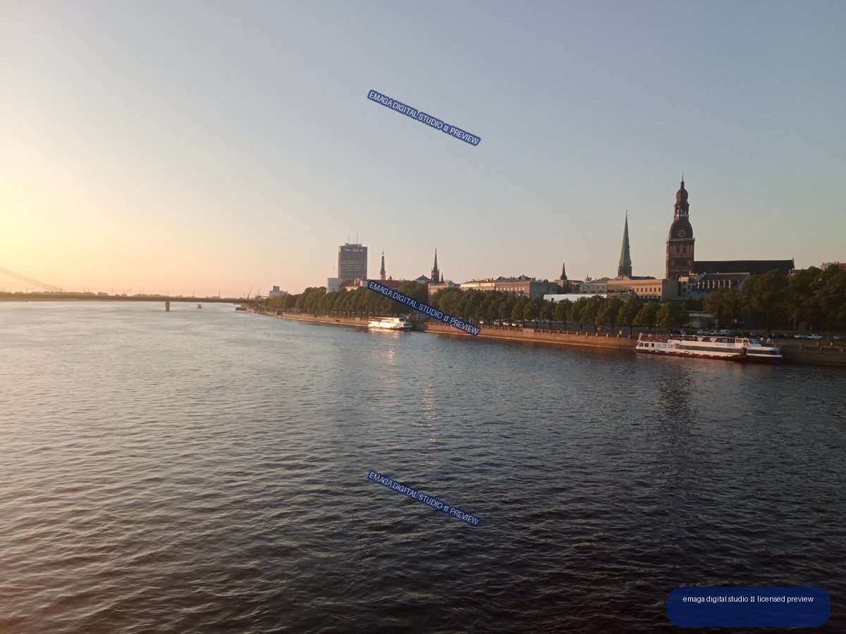 Riga, Latvia Riverside Skyline at Golden Hour Over the Daugava