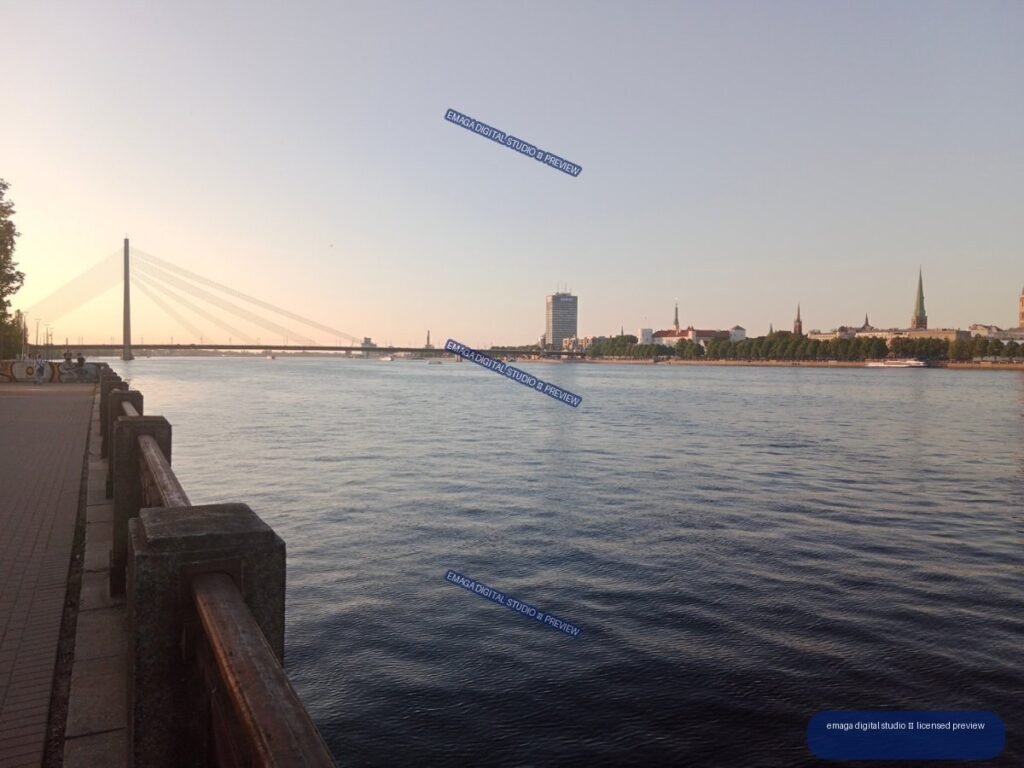 Panoramic Daugava River and Cable-Stayed Bridge in Riga, Latvia