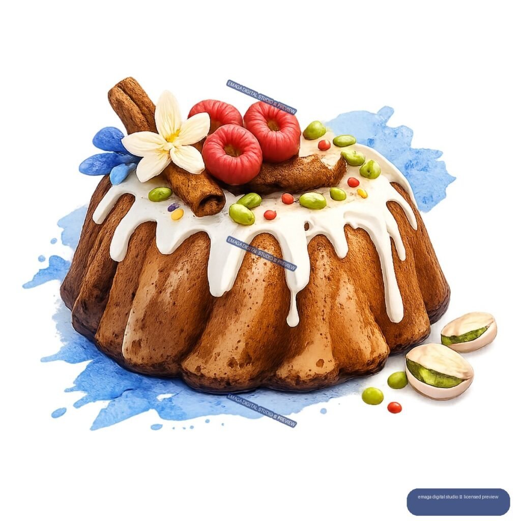 Golden glazed bundt cake topped with red apples, cinnamon sticks, flowers, green fruit, and colorful sprinkles over a blue watercolor splash.