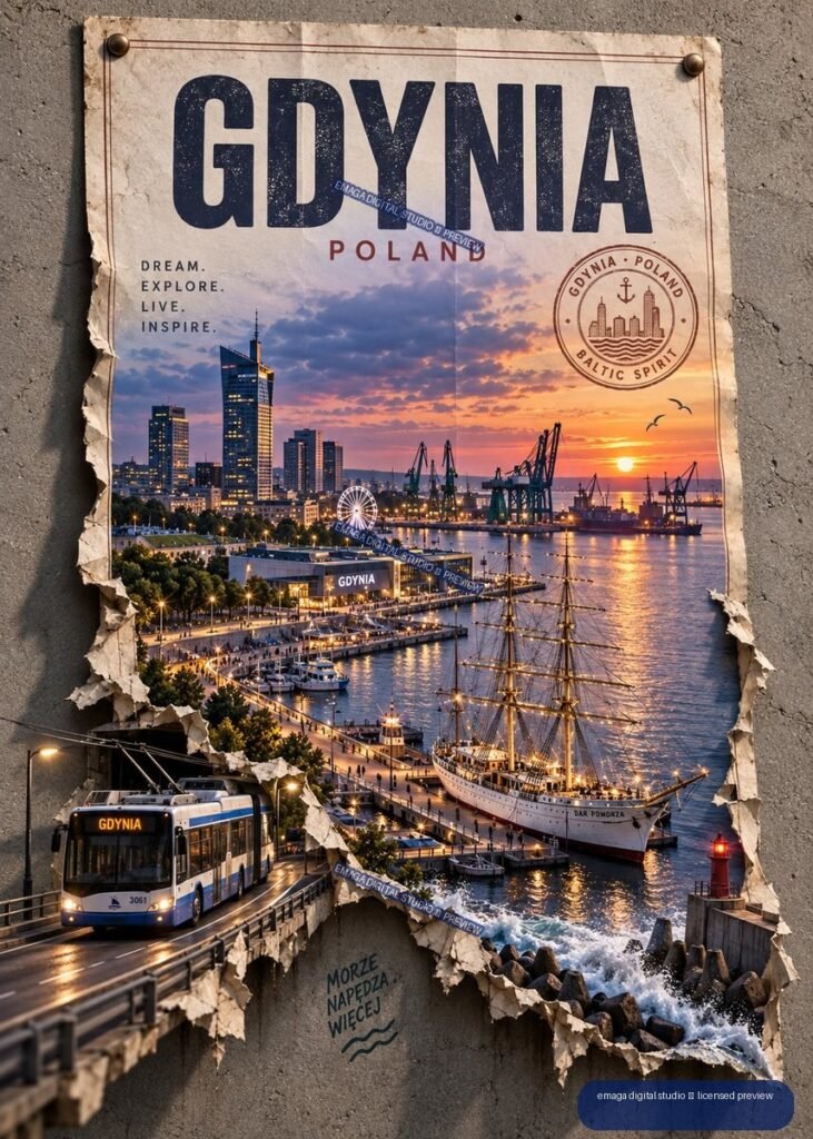 Vintage-style Gdynia Poland travel poster showing a sunset harbor, skyline, port cranes, sailing ship, waterfront tram, and nautical emblem.