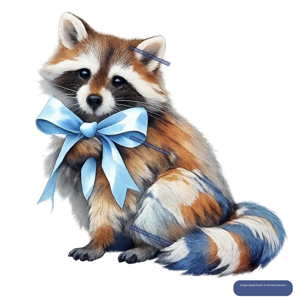 Seated red panda wearing a large pale blue bow, with blue accents in its striped tail.