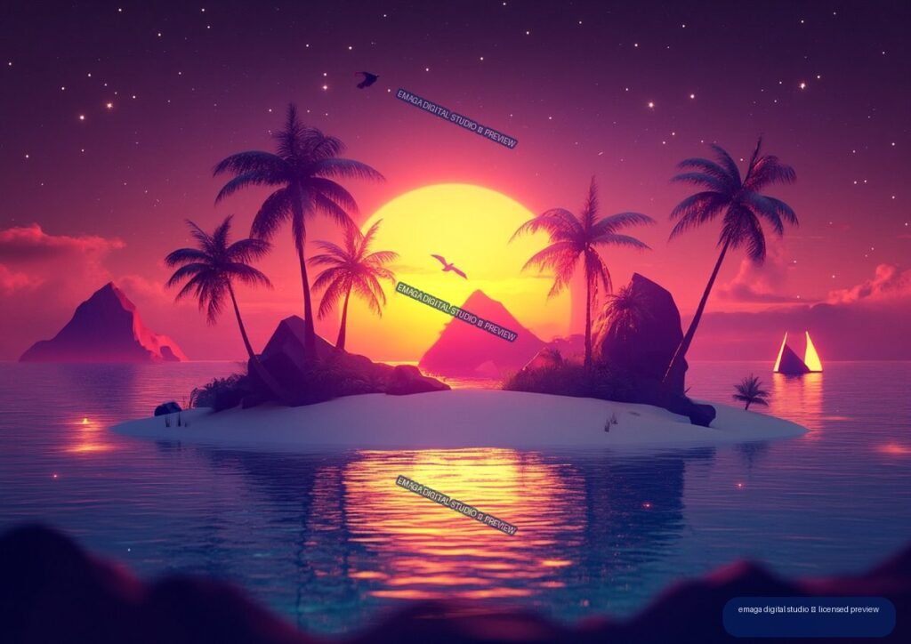 Vivid sunset over a small tropical island with palm trees, mountains, stars, birds, and a sailboat on reflective water.