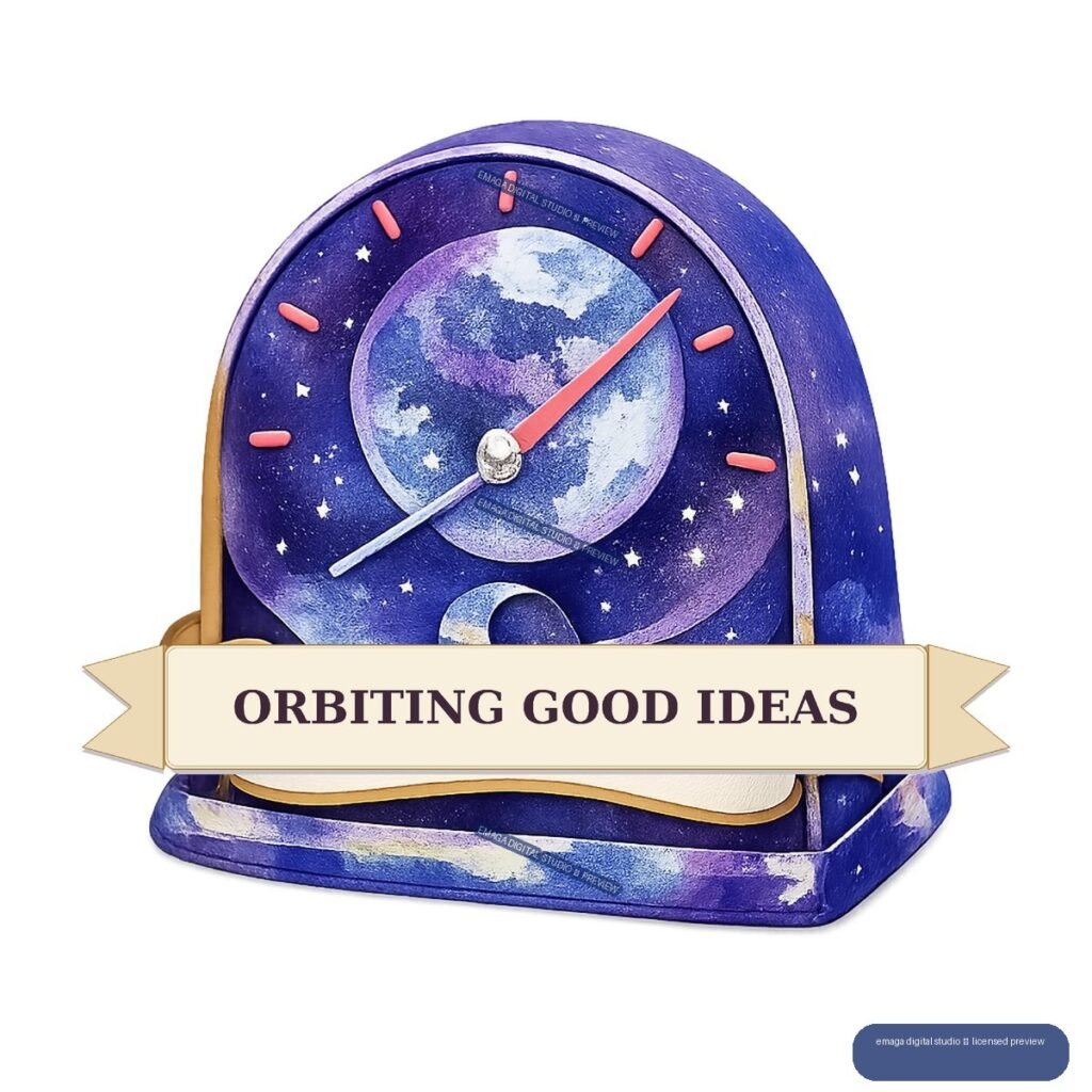 Purple celestial clock with moon, stars, coral hands, and a banner reading “ORBITING GOOD IDEAS.”