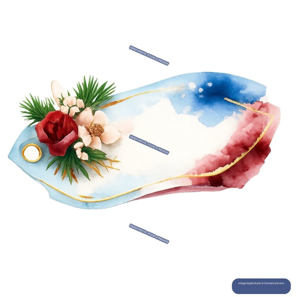 Blue watercolor gift tag with a red rose, white flowers, green foliage, and pink ribbon-like layers.
