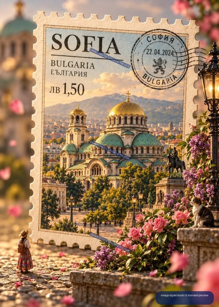 Decorative Sofia, Bulgaria postage stamp showing Alexander Nevsky Cathedral, mountains, a 1.50 lev denomination, and a 22.04.2024 postmark, surrounded by flowers and cobblestones.
