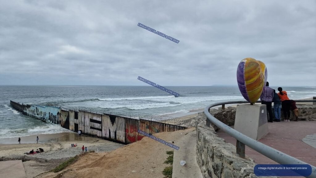 Tijuana, Mexico Coastline with Graffiti Border Barrier and Ocean
