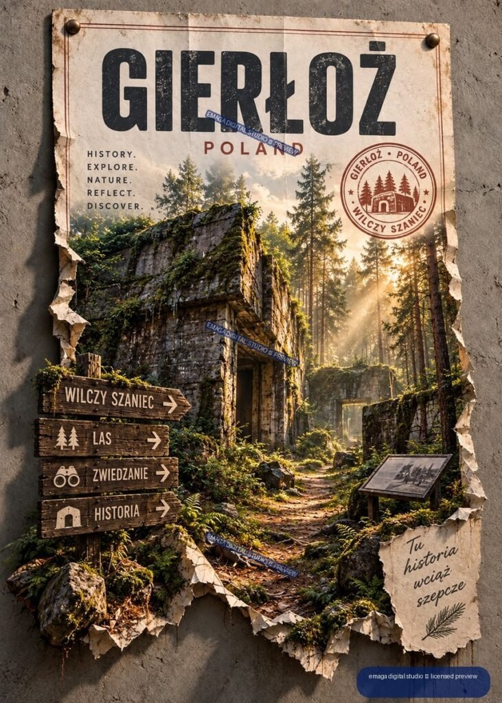 Vintage-style Gierłoż Poland travel poster showing moss-covered forest ruins, directional signs, conifer trees, and sunlight.