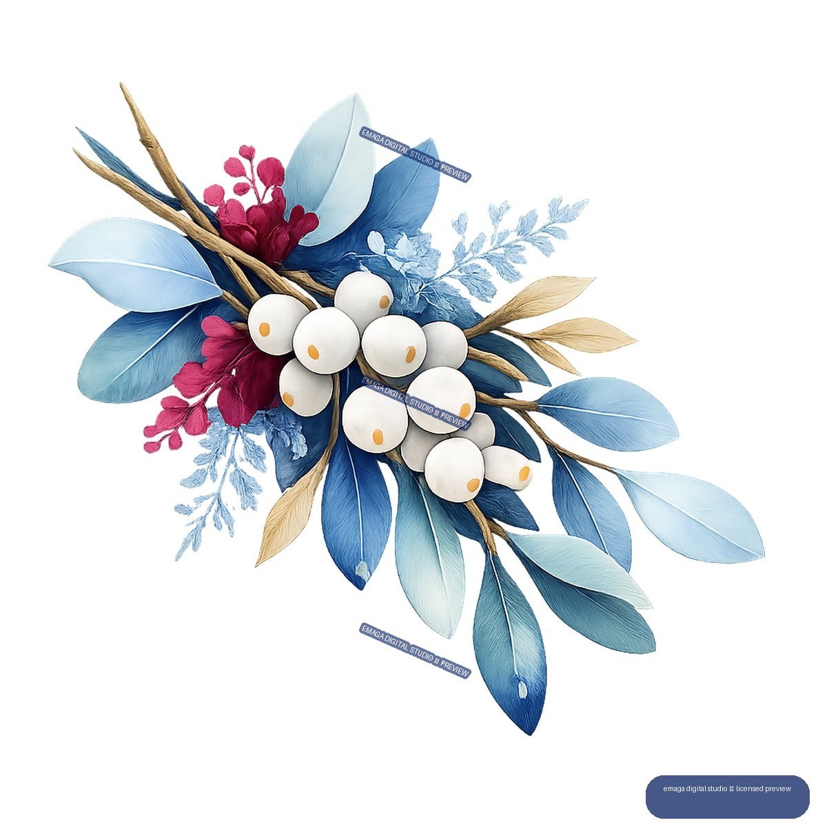 Diagonal botanical arrangement of blue leaves, white berries, magenta flowers, pale blue sprigs, and tan stems.