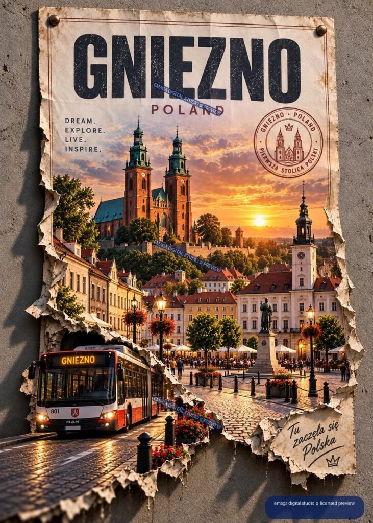 Vintage-style Gniezno Poland travel poster showing church towers, a sunset city square, colorful buildings, a bus, and weathered torn paper edges.
