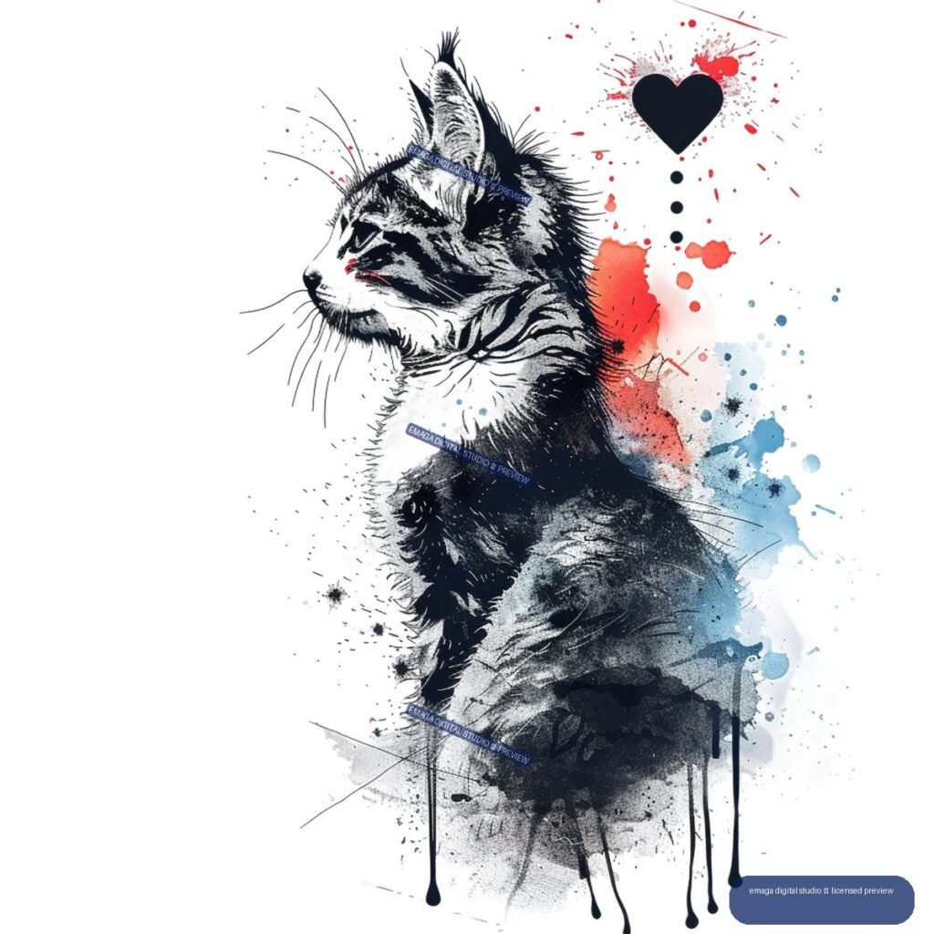 Stylized black-and-white cat in profile with red and blue watercolor splashes, a dark heart, and paint drips.